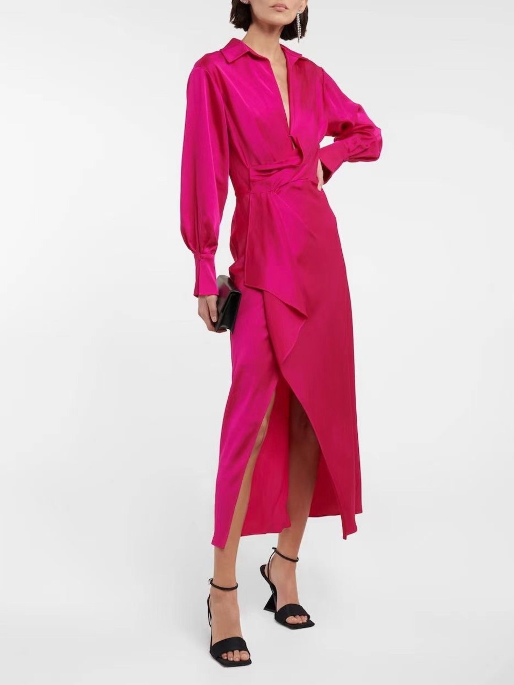 NWOT Simkhai Talita Fuchsia Wrap Satin Shirt Dress, Size US 6